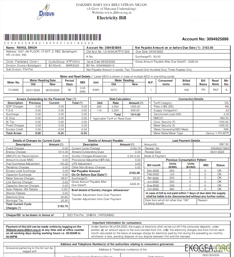 INIDA DHBVN utility bill Word and PDF template